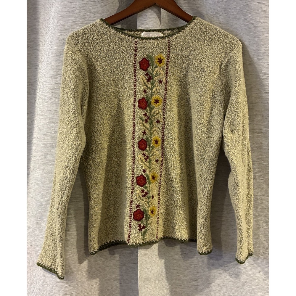 JENNY Floral Embroidered Knit Sweater Light Green Long Sleeve Women's Large‎